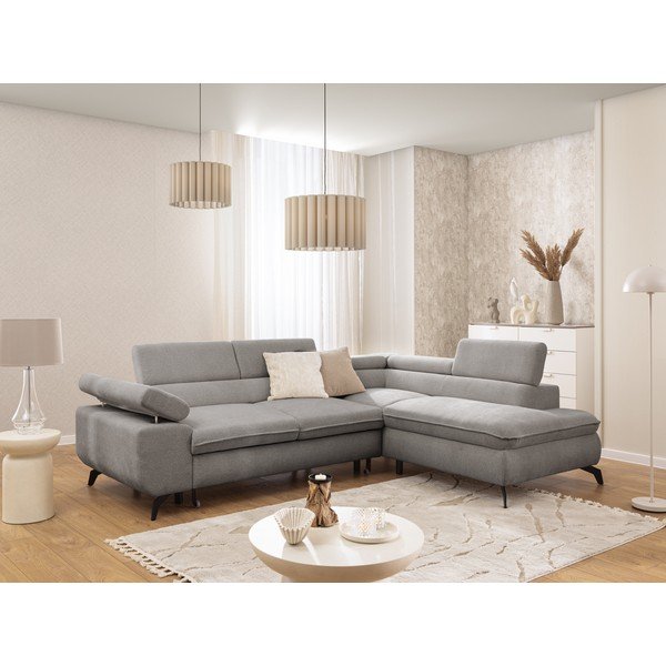 Šviesiai pilkos spalvos kampinė sofa iš šenilinio audinio (su dešiniuoju kampu/„L“ formos) Marbeya  – Ropez-image-1