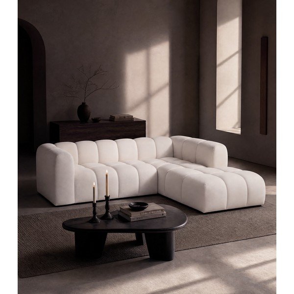 Kreminės spalvos iš velveto kampinė sofa (su dešiniuoju kampu/su gultu) Cube – Bonami Selection-image-1