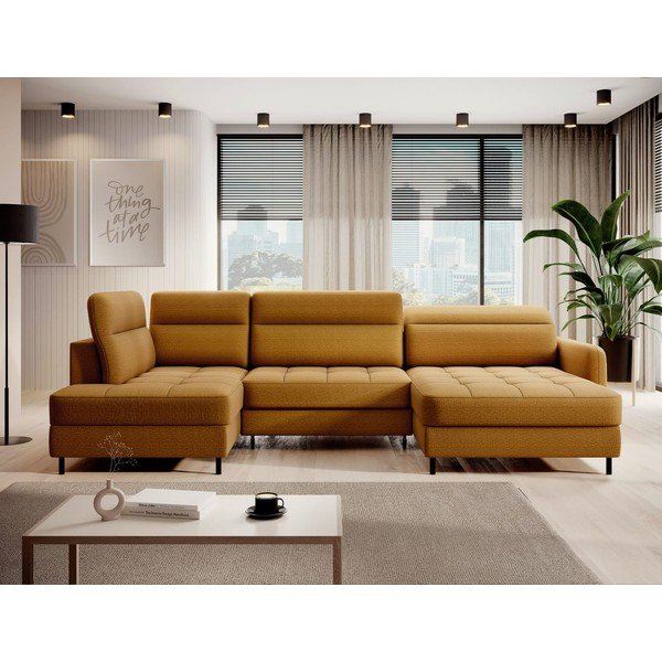 Geltonos spalvos iš velveto sulankstoma/su sandėliavimo vieta kampinė sofa (su kairiuoju kampu/„U“ formos) Berrto – ELTAP-image-1