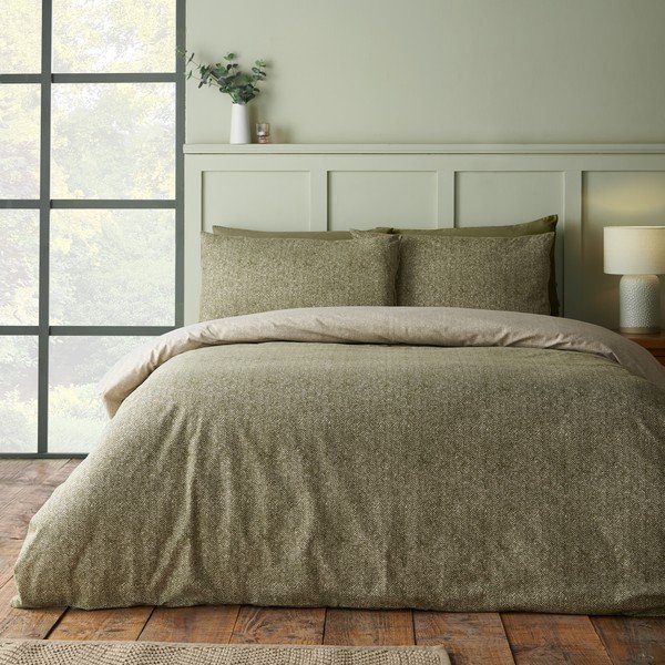 Žalios spalvos iš flanelės viengulė patalynė 135x200 cm Brushed Herringbone – Catherine Lansfield