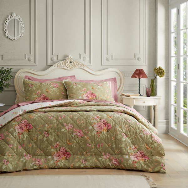 Žalios spalvos dygsniuota lovatiesė 200x200 cm Penelope Floral – Catherine Lansfield-image-1