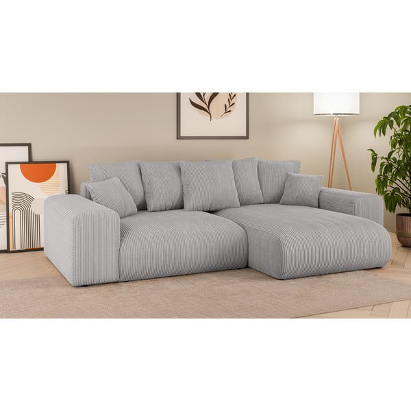 Šviesiai pilkos spalvos iš kordinio velveto sulankstoma/su sandėliavimo vieta kampinė sofa (kintama) Luma – Ropez-image-1