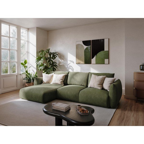 Žalios spalvos sulankstoma kampinė sofa (su dešiniuoju kampu/su gultu) Leila – Makamii-image-1