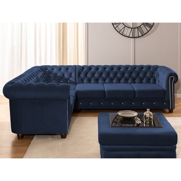 Mėlynos spalvos sulankstoma kampinė sofa iš velveto (su kairiuoju kampu/„L“ formos) York Blik – Ropez-image-4