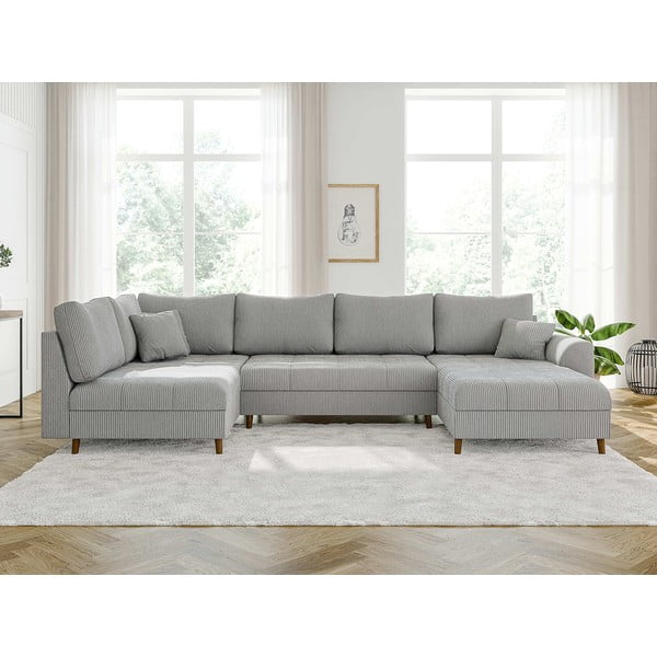 Iš kordinio velveto kampinė sofa šviesiai pilkos spalvos (su dešiniuoju kampu/„U“ formos) Ariella – Ropez-image-1