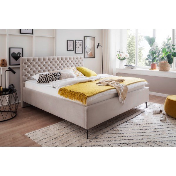 Baltos spalvos/kreminės spalvos dvigulė lova audiniu dengta su sandėliavimo vieta su lovos grotelėmis 180x200 cm La Maison – Meise Möbel-image-1