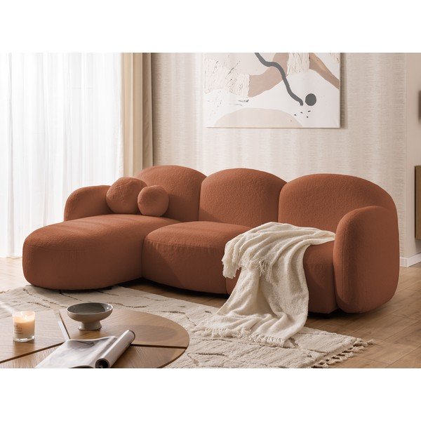 Terakotos spalvos kampinė sofa iš boucle (su kairiuoju kampu/su gultu) Orbit – Ropez-image-4