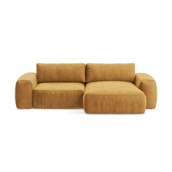 Garstyčių spalvos sulankstoma kampinė sofa iš šenilinio audinio (su dešiniuoju kampu/su gultu) Kuki – Makamii