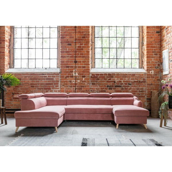 Sulankstoma kampinė sofa iš velveto šviesiai rožinės spalvos (su kairiuoju kampu/„U“ formos) Sweet Harmony – Miuform-image-1
