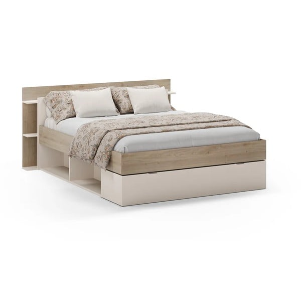 Dvigulė lova baltos spalvos/natūralios spalvos iš ąžuolo su sandėliavimo vieta be grotelių 140x190 cm Albo – Marckeric