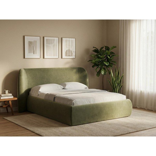 Žalios spalvos dvigulė lova audiniu dengta su sandėliavimo vieta su lovos grotelėmis 160x200 cm Hauke – Makamii-image-1