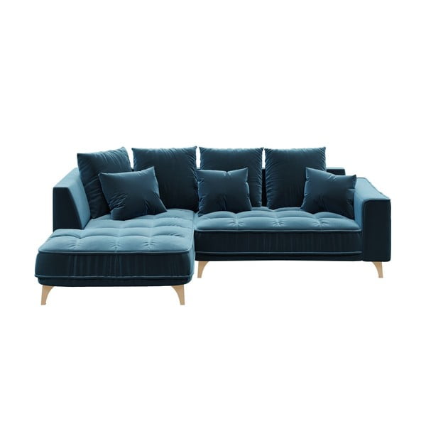 Tamsiai mėlyna aksominė kampinė sofa Devichy Chloe, kairysis kampas, 256 cm