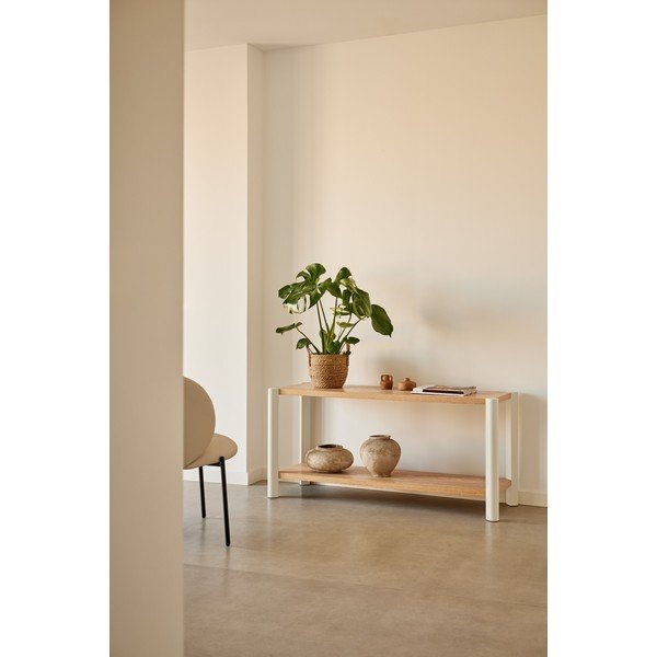 Kreminės spalvos/šviesios natūralios spalvos pastatoma lentyna iš ąžuolo 126x59x43 cm Bona – Teulat-image-1