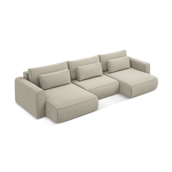 Smėlio spalvos iš velveto sulankstoma/su sandėliavimo vieta kampinė sofa („U“ formos) Kapua – Makamii-image-4