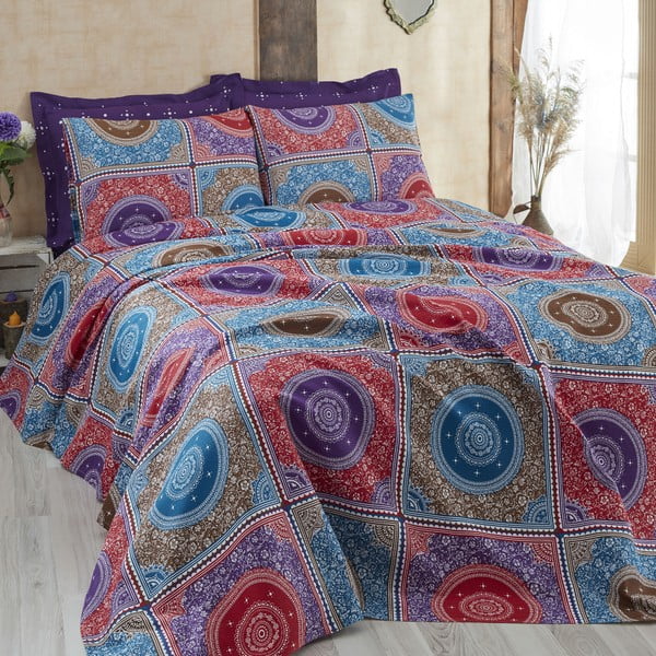 Violetinė dvigulė lovatiesė su paklode ir užvalkalais Ornamentas, 200 x 235 cm