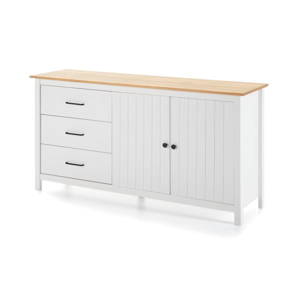 Iš pušies masyvo žema šoninė spintelė baltos spalvos 150x80 cm Miranda – Marckeric-image-3