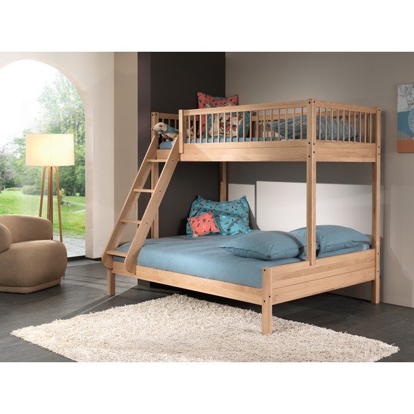 Natūralios spalvos dviauktė iš ąžuolo masyvo vaikiška lova su lovos grotelėmis 140x200/90x200 cm Forrest – Vipack-image-1