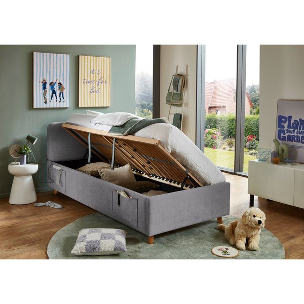 Pilkos spalvos vaikiška lova su sandėliavimo vieta su lovos grotelėmis 90x200 cm Cosy – Meise Möbel-image-2