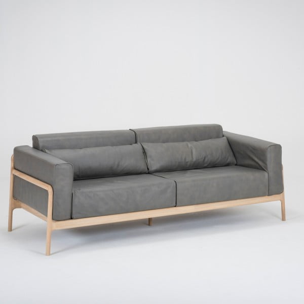 Tamsiai pilka buivolo odos sofa su ąžuolo masyvo konstrukcija Gazzda Fawn, 210 cm-image-1