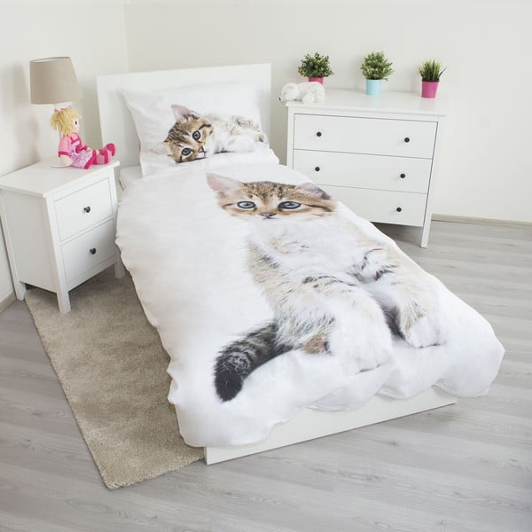 Baltos spalvos iš medvilnės viengulė vaikiška patalynė 140x200 cm Kitten – Jerry Fabrics-image-1