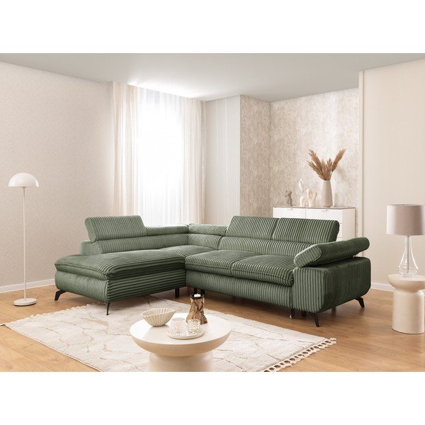 Žalios spalvos kampinė sofa iš kordinio velveto (su kairiuoju kampu/„L“ formos) Marbeya  – Ropez-image-1