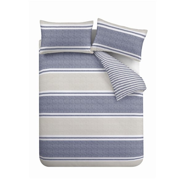 Mėlynai smėlio spalvos prailginta dvigulės lovos patalynė 230x220 cm Banded Stripe - Catherine Lansfield