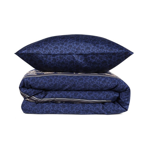 Tamsiai mėlynos spalvos pailginta medvilninė patalynė dvigulei lovai su paklode ir užvalkalu 240x260 cm Pera – Mijolnir