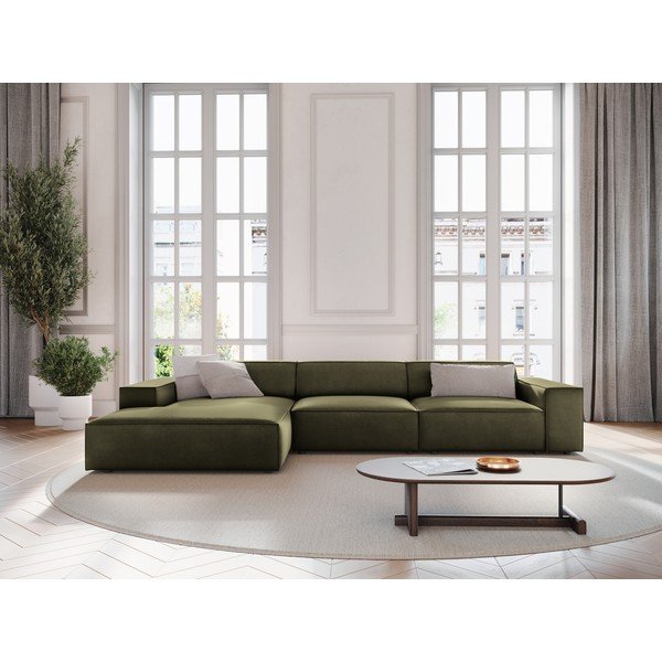 Khaki spalvos modulinė kampinė sofa iš velveto (su kairiuoju kampu/su gultu) Jodie – Micadoni -image-1