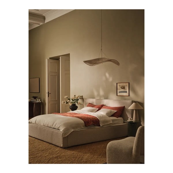 Kreminės spalvos dvigulė lova audiniu dengta su sandėliavimo vieta su lovos grotelėmis 140x200 cm Simon Olivia – Micadoni -image-1