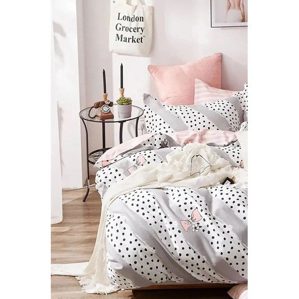 Viengulė/itin ilga patalynė iš medvilnės baltos spalvos/rožinės spalvos su paklode/3 dalių 160x220 cm Bow and Polka-Dot – Mila Home-image-3