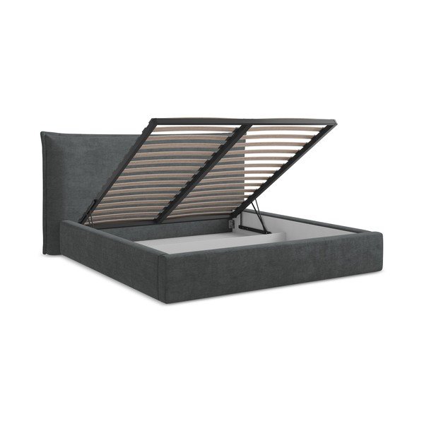 Tamsiai pilkos spalvos dvigulė lova audiniu dengta su sandėliavimo vieta su lovos grotelėmis 160x200 cm Esala – Makamii-image-3