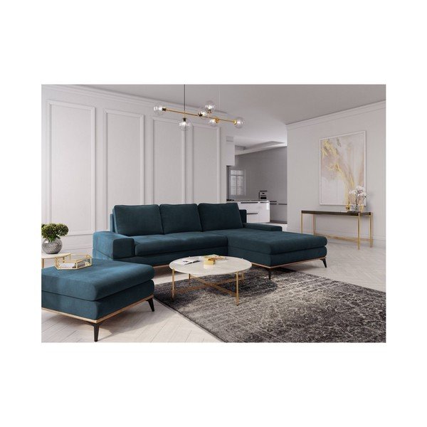 Mėlynai pilkos spalvos kampinė aksominė sofa-lova Windsor & Co Sofas Planet, dešinysis kampas-image-1
