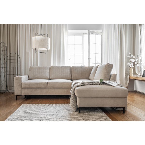 Iš kordinio velveto sulankstoma kampinė sofa smėlio spalvos (su dešiniuoju kampu) Lofty Lilly – Miuform-image-1