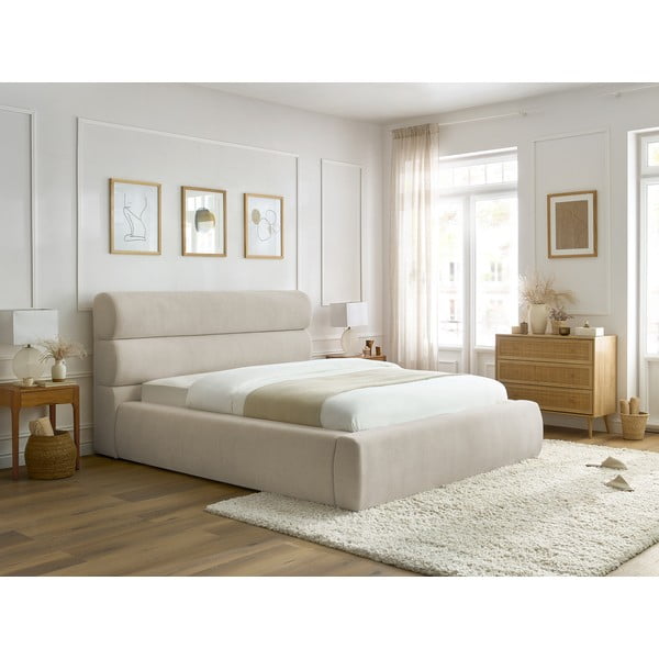 Dvigulė lova smėlio spalvos audiniu dengta su sandėliavimo vieta su lovos grotelėmis 180x200 cm Jagna – Bobochic Paris-image-3