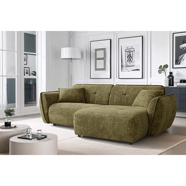 Žalios spalvos kampinė sofa iš šenilinio audinio (su dešiniuoju kampu/su gultu) Nelia – Ropez-image-1
