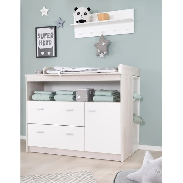 Žema su vystymo stalu vaikiška šoninė spintelė baltos spalvos iš ąžuolo 117x98 cm Julia – Roba-image-1