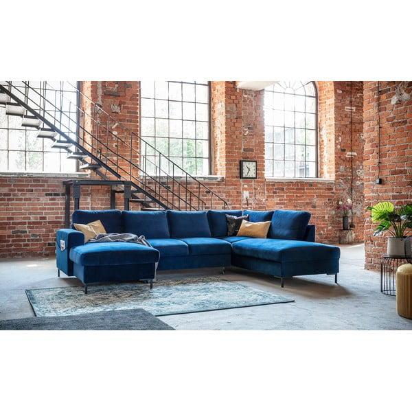 Mėlyna aksominė U formos sofa Miuform Lofty Lilly, dešinysis kampas-image-3