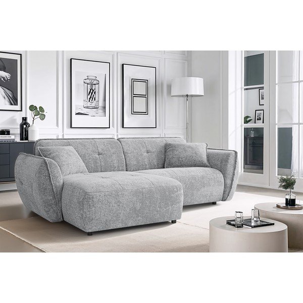 Šviesiai pilkos spalvos kampinė sofa iš šenilinio audinio (su kairiuoju kampu/su gultu) Nelia – Ropez-image-1