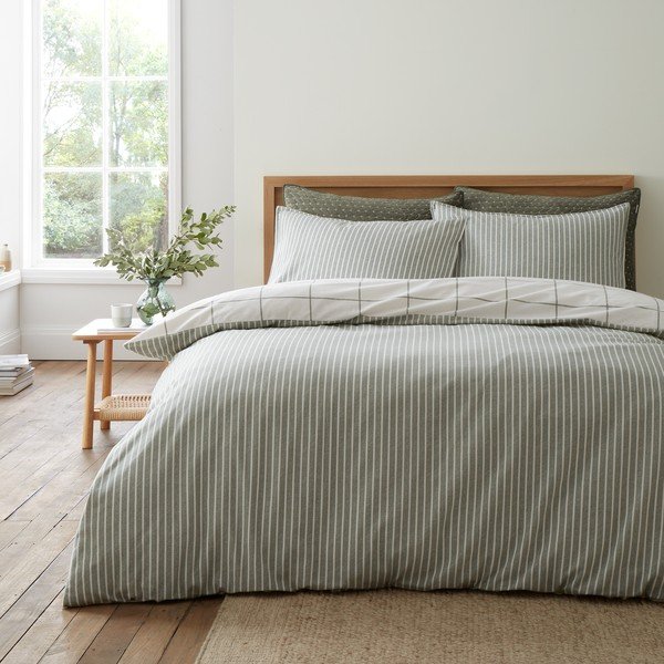 Žalios spalvos/kreminės spalvos iš flanelės viengulė patalynė 135x200 cm Brushed Regal Check – Bianca-image-2