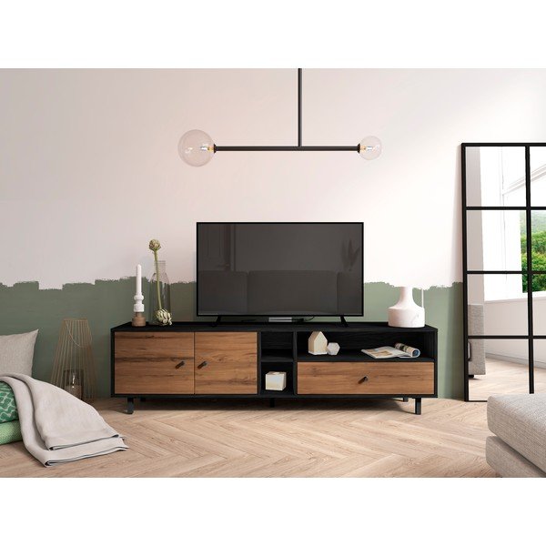 Juodos/natūralios spalvos graikinio riešuto TV staliukas 180x47 cm Roald - Marckeric-image-1