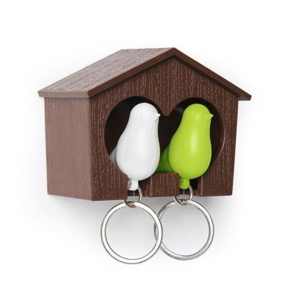 Raktų pakabukas QUALY Duo Sparrow, ruda dėžutė/balta+žalias raktų pakabukas