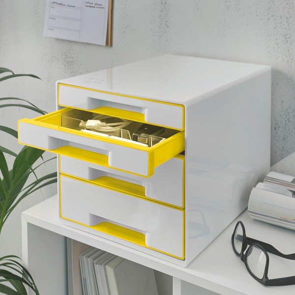 Baltos ir geltonos spalvos dėžė su stalčiais Leitz WOW CUBE, 4 stalčiai-image-1