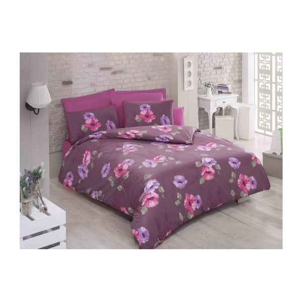 Medvilninė patalynė su paklode ir 2 užvalkalais dvigulei lovai Violetinė, 200 x 220 cm