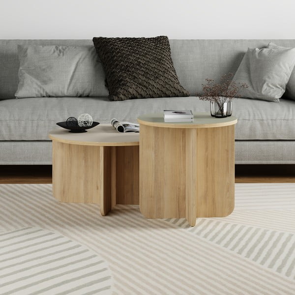Apvalios formos kavos staliukai kreminės spalvos/natūralios spalvos 2 vnt. iš ąžuolo ø 70 cm Hillary – Marckeric-image-1