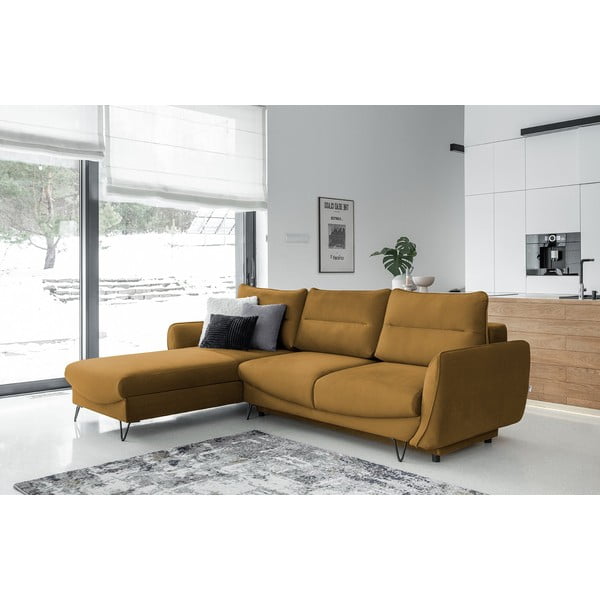 Geltonos spalvos iš velveto sulankstoma/su sandėliavimo vieta kampinė sofa (su kairiuoju kampu/su gultu) Silva – ELTAP-image-1