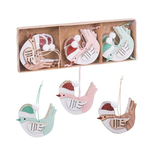Iš medienos eglutės papuošimai 6 vnt. 8 cm Birds – Casa Selección-image-1