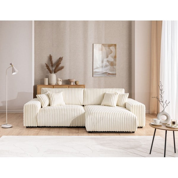 Kreminės spalvos iš kordinio velveto sulankstoma/su sandėliavimo vieta kampinė sofa (su dešiniuoju kampu) Sarina – Ropez-image-1