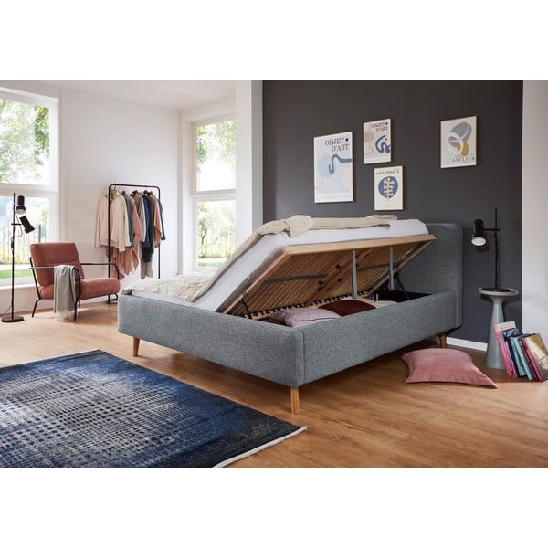 Tamsiai pilkos spalvos dvigulė lova audiniu dengta su sandėliavimo vieta su lovos grotelėmis 180x200 cm Mattis – Meise Möbel-image-3