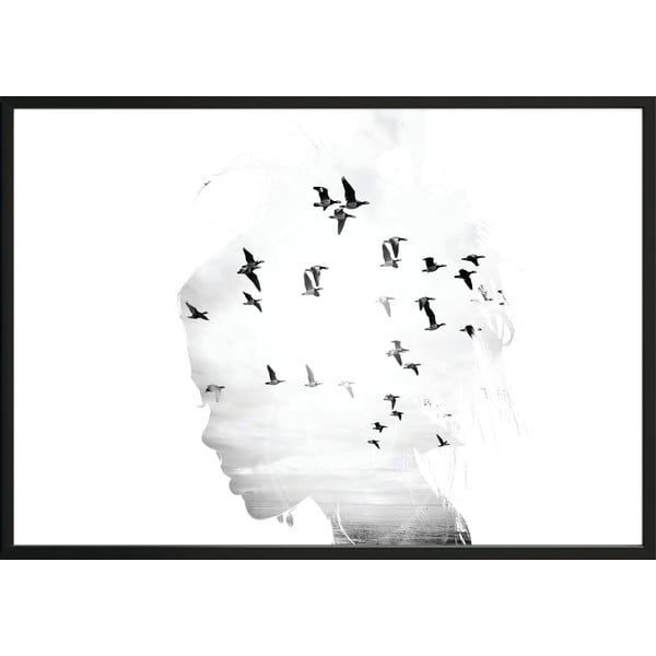 Sieninis plakatas rėmelyje GIRL/SILHOUETTE/BIRDS, 50 x 70 cm