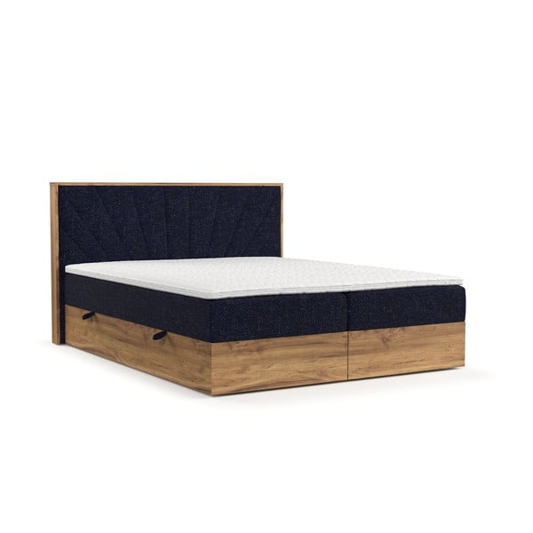 Spyruoklinė lova tamsiai mėlynos spalvos/natūralios spalvos su sandėliavimo vieta 200x200 cm Asahi – Maison de Rêve